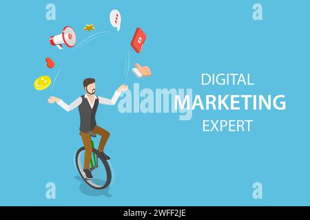 Isometrisches Flachvektorkonzept von Digital Marketing Experte, seo, Werbekampagnen Manager, Website Promotion. Stock Vektor