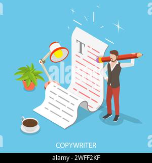 Flaches isometrisches Vektorkonzept für kreatives Schreiben, Texten und Erstellen von Inhalten. Stock Vektor