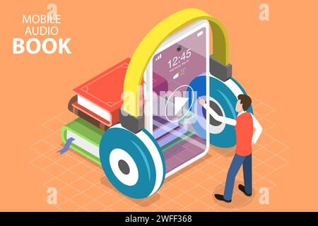3D Isometrischer Flachvektor Konzept für mobiles Hörbuch, Online-Bildung, Literaturhören. Stock Vektor