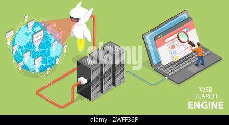 3D Isometric Flat Vector Konzept der Web Search Engine, Crawling Indexing und Ranking, SEO-Algorithmus, Seitenoptimierung, digitales Marketing. Stock Vektor