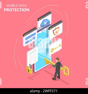 Isometrisches Flachvektorkonzept für mobilen Datenschutz, Internetsicherheit. Stock Vektor