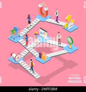 Isometrisches flaches Vektorkonzept für die Suche nach Kaufprozessen, Journey Map, digitaler Marketingkampagne, Promotion, Werbung. Stock Vektor