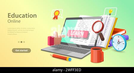 3D Online Education Concept, Landing Page Template für Website, Fernkurse und E-Learning, Digital Cloud Library. Stock Vektor