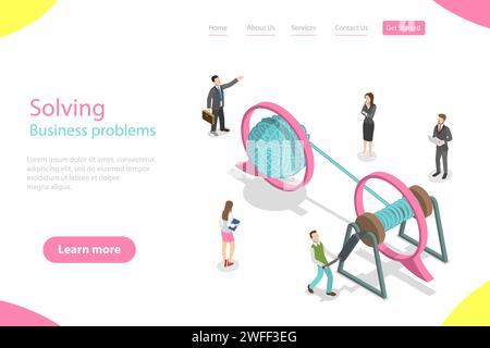 Isometrische flache Vektor-Landing-Page-Vorlage für das Soloving von Geschäftsproblemen, einfache Lösung, Verwirrung und Entwirrung. Stock Vektor