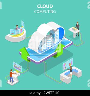 Isometrisches Flachvektorkonzept für Cloud-Computing-Technologie, Datenspeicherung und -Hosting, Big Data. Stock Vektor