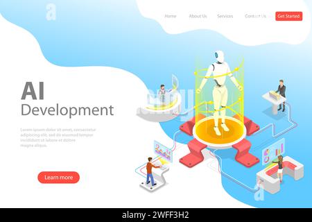 Flache isometrische Landing-Page-Vorlage für KI-Entwicklung, Roboter- und menschliche Zusammenarbeit, künstliche Intelligenz, rpa, iot. Stock Vektor