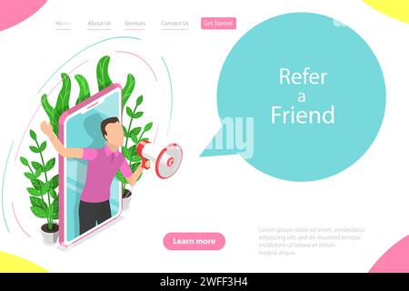 Isometrische flache Vektor-Landing-Page-Vorlage von Referate a Friend-Illustration mit einem Mann, der aus einem Smartphone rauskam und Megaphon ruft. Stock Vektor