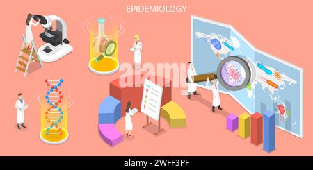 3D Isometrischer Flachvektor Konzept der Epidemiologie, Virus- und Bakterieninfektion Global Distribution Analysis, Pandemie Outbreak Surveillance und Analyt Stock Vektor