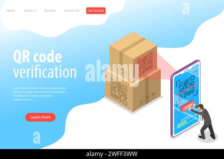 Isometrische flache Vektor-Landingpage-Vorlage für QR-Code, Barcode-Scannen, Verifizierungs-App. Stock Vektor