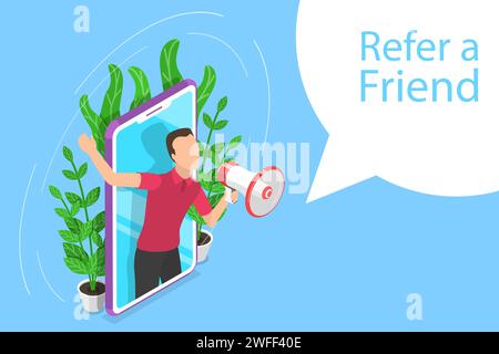 Isometrische flache Vektorkonzepte der Verweis auf eine Freund-Illustration mit einem Mann, der aus einem Smartphone kam und Megaphon ruft. Stock Vektor