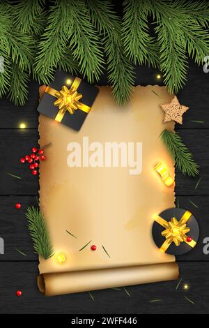 Weihnachtsvektor-Komposition auf dunklem hölzernem Hintergrund. Für Grußkarten, Poster und Banner. Geschenke, Kiefernzweige, Beeren, Wünsche. Vektor-Illustrati Stock Vektor