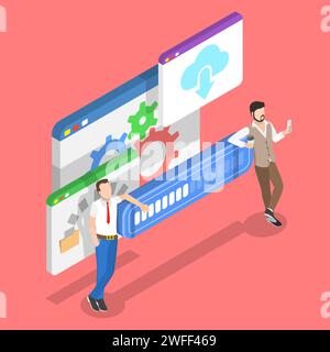 Isometrisches Flachvektorkonzept für Datenübertragungsprozess, Systemaktualisierung, Fortschritt beim Herunterladen von Dateien. Stock Vektor