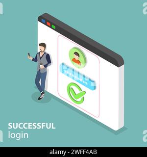 Isometrisches Flachvektorkonzept für erfolgreiche Anmeldung und mobile Anmeldung. Stock Vektor