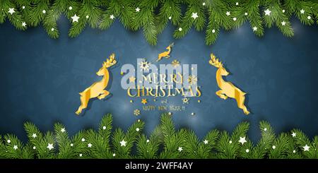 Weihnachtsvektorkomposition. Weihnachtswünsche auf blauem Hintergrund mit Tannenzweigen und goldenen Hirschen. Für Grußkarten, Poster und Banner. Stock Vektor