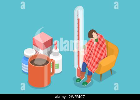 3D Isometrischer flacher Vektor konzeptuelle Illustration eines traurigen kranken Mannes mit einer kalten, viralen Krankheitsbehandlung. Stock Vektor