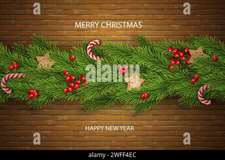 Weihnachtsvektor auf Ziegelhintergrund mit Wünschen, Kiefernzweigen, Beeren, Holzsternen, Zuckerstangen und Girlanden. Nützlich für Grußkarten, Poster und Stock Vektor