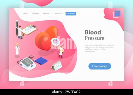 Isometrische flache Vektor-Landingpage Vorlage des Blutdrucktests, medizinisches digitales Tonometer, regelmäßige Gesundheitsprüfung. Stock Vektor