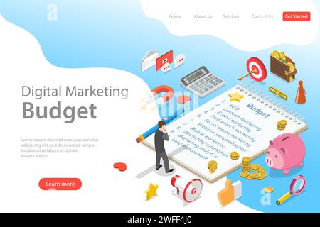 Flache isometrische Landing-Page-Vorlage für digitale Marketingbudgets, seo, roi und Werbekampagnen. Stock Vektor