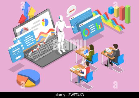 Isometrisches Vektorkonzept von Teacher Bot, Technologie der künstlichen Intelligenz, KI-Training. Stock Vektor