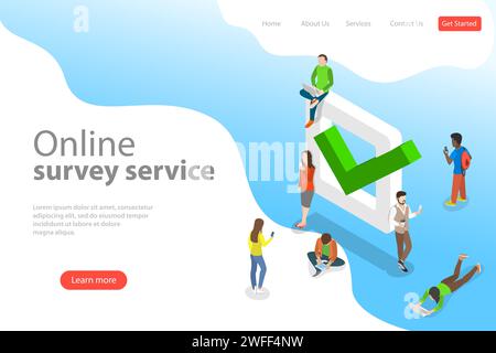 Flache isometrische Landing-Page-Vorlage für Online-Umfrage, Kundenbewertung, Kundenzufriedenheit, Feedback-Service. Stock Vektor