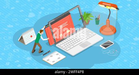 Isometrischer abgewickelter Vektor Konzept der Aktualisierung von Webseiten, Aktualisierung des Betriebssystems, Importieren von UX, Benutzeroberfläche. Stock Vektor