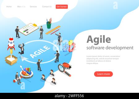 Flache isometrische Vektor-Landingpage für agile Softwareentwicklung, Produktdesign-Methodik. Stock Vektor