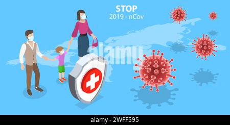 Isometrisches 3D-Vektor-Konzept. Stoppen der SARS-CoV-2-Krankheit Pandemie, Bewusstsein und Warnung vor 2019-nCoV Virus, Coronavirus Ausbruch. Stock Vektor