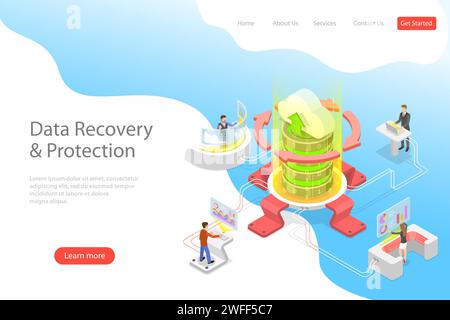 Isometrische flache Vektor-Vorlage für Datenwiederherstellungsdienste, Datensicherung und -Schutz, Hardwarereparatur. Stock Vektor