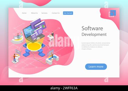 Flache isometrische Landing-Page-Vorlage für Software-Entwicklung, Teamwork, Brainstorming, Codierung. Stock Vektor