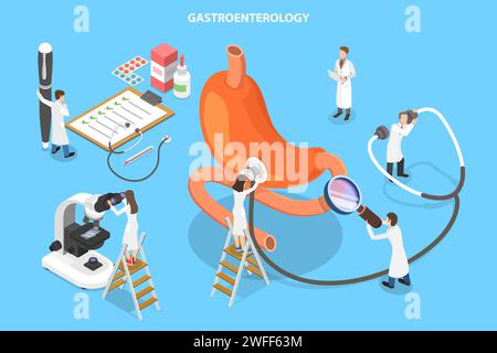 3D-Isometrisches Flachvektorkonzept der Gastroenterologie, des Verdauungssystems und seiner Störungen, der Behandlung des Gastrointestinaltrakts. Stock Vektor