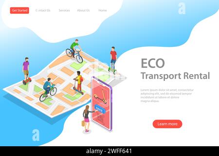 Isometrische flache Vektor-Landingpage-Vorlage für Öko-Transport in der Stadt, Online-Mietservice, Öko-Transport in der Stadt. Stock Vektor