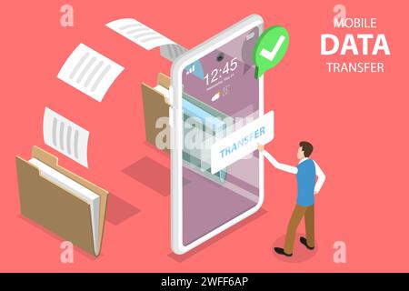 3D Isometrischer Flachvektor Konzept des Dokumentübertragungsdienstes, Telefondatenaustausch, Online-Synchronisierungs-App. Stock Vektor