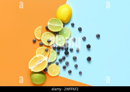 Komposition mit frischen Zitrusfrüchten und Beeren auf farbigem Hintergrund Stockfoto