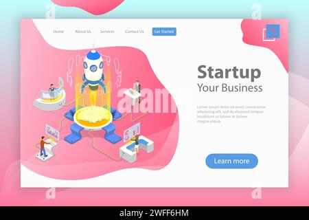 Flache isometrische Landing-Page-Vorlage für Neugründungen, Projektstart. Stock Vektor
