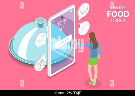 3D Isometrischer flacher Vektor Konzept von Restaurant und Café Online Food Order App, schneller Lieferservice. Stock Vektor
