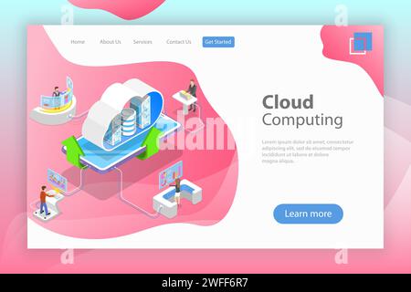 Isometrische flache Landing-Page-Vorlage für Cloud-Computing-Technologie, Datenspeicherung und -Hosting, Big Data. Stock Vektor