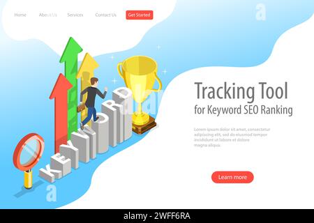 Flache isometrische Landing-Page-Vorlage für das Tracking-Tool für Keyword-SEO-Ranking, Webanalysen und Marketing zur Optimierung von Websites. Stock Vektor