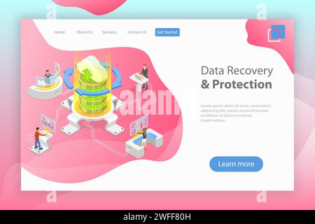 Isometrische flache Vektor-Vorlage für Datenwiederherstellungsdienste, Datensicherung und -Schutz, Hardwarereparatur. Stock Vektor