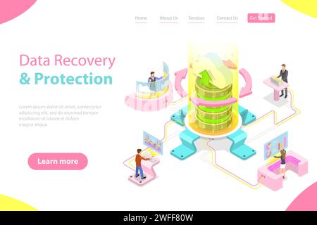 Isometrische flache Vektor-Vorlage für Datenwiederherstellungsdienste, Datensicherung und -Schutz, Hardwarereparatur. Stock Vektor