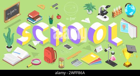 3D Isometrischer flacher Vektor Konzept der Schulbildung, zurück zur digitalen Schule, Poster Lernumgebung. Stock Vektor