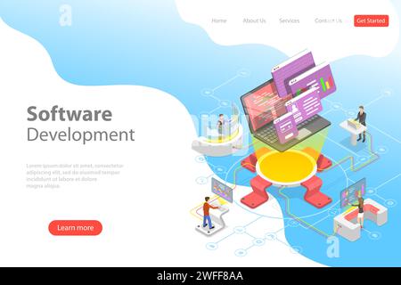 Flache isometrische Landing-Page-Vorlage für Software-Entwicklung, Teamwork, Brainstorming, Codierung Stock Vektor