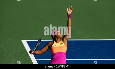 Cori Gauff von United States gegen Jessica Pegula von Unites States während ihres Einzel-Runde-1-Spiels im Rahmen der Dubai Duty Free Tennis Championships WTA 500 am 14. Februar 2022 in Dubai, Vereinigte Arabische Emirate. Foto von Victor Fraile / Power Sport Images Stockfoto