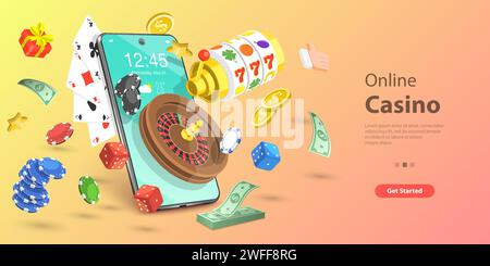 3D Isometrischer flacher Vektor konzeptuelle Illustration der Online-Glücksspielplattform für Live Poker, Roulette, Spielautomaten und Würfel, Internet Casino. Stock Vektor