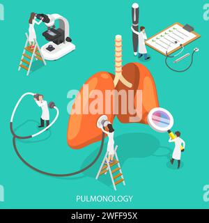 Isometrische Flachvektor-Illustration der Atemmedizin, Pulmonologiekonzept, Überprüfung der Atemgeräte, Therapie des menschlichen Beatmungssystems. Stock Vektor