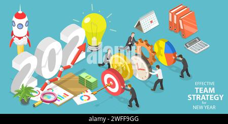Effektive Teamstrategie für das neue Jahr 2021, Teamwork und Brainstorming. Konzeptuelle 3D-Illustration des Isometrischen flachen Vektors. Stock Vektor