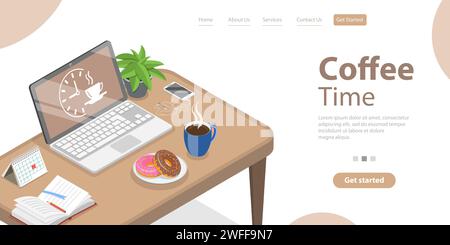 Kaffeepause zu Hause arbeiten, während eines Arbeitstages eine Pause machen, Landing Page Vorlage. Konzeptuelle 3D-Illustration des Isometrischen flachen Vektors. Stock Vektor