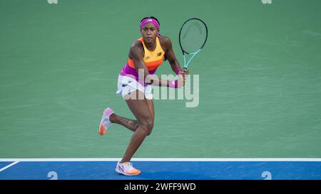 Cori Gauff von United States gegen Jessica Pegula von Unites States während ihres Einzel-Runde-1-Spiels im Rahmen der Dubai Duty Free Tennis Championships WTA 500 am 14. Februar 2022 in Dubai, Vereinigte Arabische Emirate. Foto von Victor Fraile / Power Sport Images Stockfoto