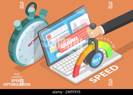 Die Ladezeit der Webseite wird abnehmend, die Geschwindigkeit der Website wird optimiert und SEO. Konzeptuelle 3D-Illustration des Isometrischen flachen Vektors. Stock Vektor