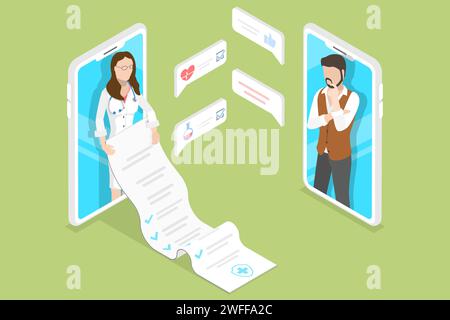 Isometrisches Flachvektor-Konzept für Online-Diagnose, Remote-Patientenberatung, Online-medizinische Unterstützung und Gesundheitsdienstleistungen. Stock Vektor