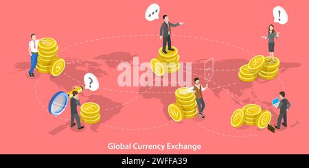 3D Isometrischer flacher Vektor konzeptionelle Darstellung von globaler Währungsumtausch, Online-Banking, Geldtransfer. Stock Vektor
